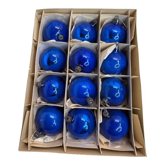 Blue Molecule Christmas Tree Ornament Set 12 Vintage Blue Shiny Brite Santa Land - Picture 4 of 6